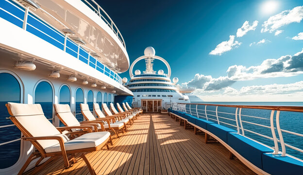 The expansive and pristine deck of a cruise ship, with rows of lounge chairs under a bright blue sky - Generative AI