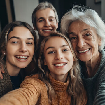 Selfie, portrait and grandparents, parents and children in home for bonding, quality time and relax in living room. Big family, face of happy women smile together for ai generated picture in house