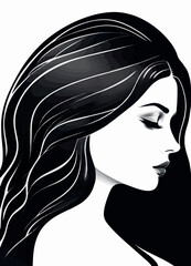 girl with long hair in profile with closed eyes vector drawing
