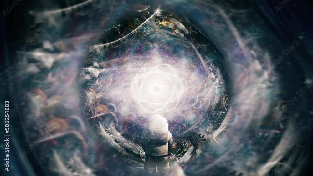 Poster surreal modern art. astronaut before atom and endless spaces