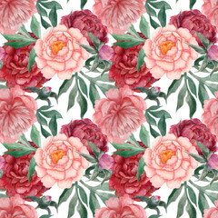 A watercolor seamless pattern of red peonies with leaves and flowers.