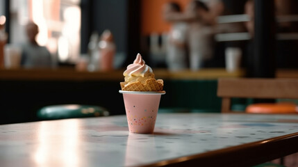 ice cream cup on a bar table background Generative AI