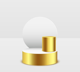 White and gold luxury geometric pedestal for product display or promotion. Minimal stage, showcase, advertising display.