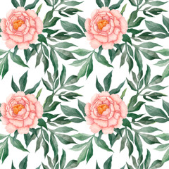 A watercolor seamless pattern of red peonies with leaves and flowers.