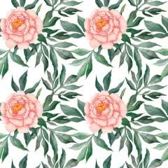 Poster A watercolor seamless pattern of red peonies with leaves and flowers. © Asya