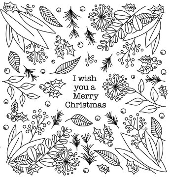 Doodle flowers for christmas. Coloring book for children. Vector illustrations are isolated on a white background.