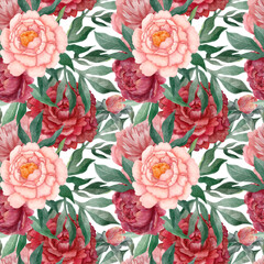 A watercolor seamless pattern of red peonies with leaves and flowers.