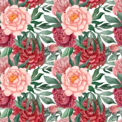 Meubelstickers A watercolor seamless pattern of red peonies with leaves and flowers. © Asya