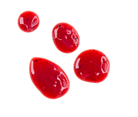 Four round drops of red berry sauce or jam isolated on transparent background, PNG
