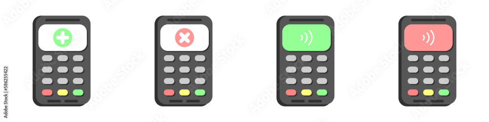 Poster bank terminal for card payment vector. set of pos terminals. approved payment. payment not approved.