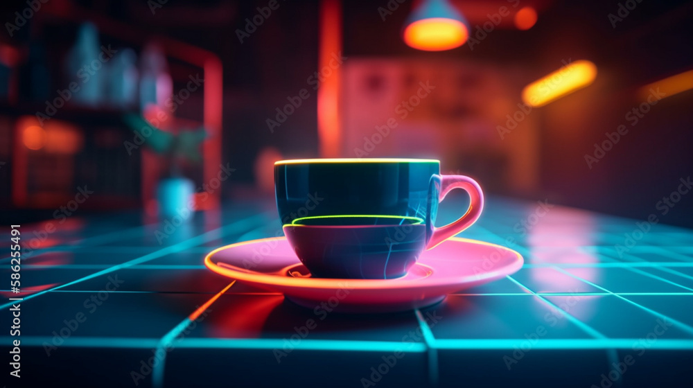 Wall mural cup of tea on a retro neon kitchen background generative ai