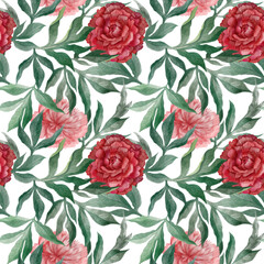 A watercolor seamless pattern of red peonies with leaves and flowers.