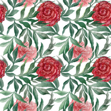A watercolor seamless pattern of red peonies with leaves and flowers.