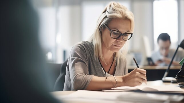 Middle-aged woman writing at a desk at her work
