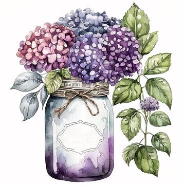 Boho Chic Blossoms: Watercolor Hydrangeas in a Mason Jar for Your Next Project AI Generated