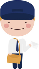 Cartero con uniforme con gorra, corbata y morral entregando sobres