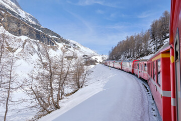 The famous Swiss mountain train of Bernina Express crossed italian and swiss Alps