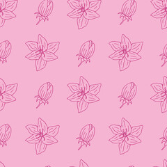 Seamless pattern with pink flowers on light pink background. Vector image.