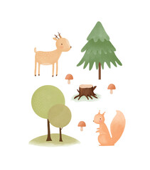Cute Little Stag and Squirrel  Holding Flower. Lovely Nursery Vector Art with Sweet Ginger Baby Squirrel, Funny Deer, Mushrooms and Trees on a White Background. Hand Drawn Woodland Print.