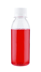 small plastic bottle with strawberry juice on a white