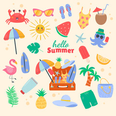 Summer set  cartoon kawaii elements cute flat doodle style