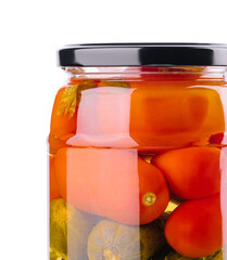 Salted cucumbers and tomatoes, in a glass jar