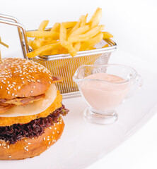 Crispy fried chicken burger served with french fries