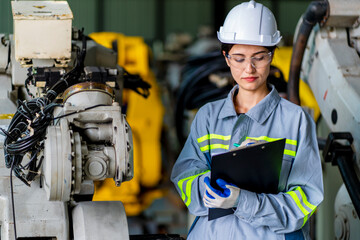 Female engineer wearing uniform and safety helmet inspects the robotic arm system and records the...