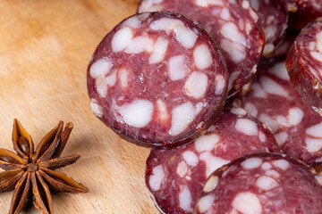 sliced high-quality pork sausage with the addition of lard pieces