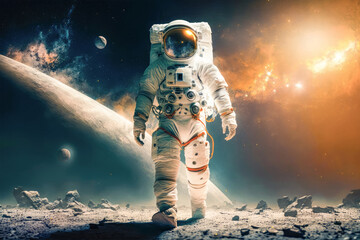Fototapeta na wymiar Astronaut on the surface of the moon with space starry background. Space exploration, space tourism, travel beyond the earth. generative AI