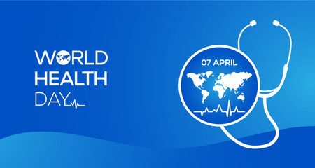 World Health Day heart and stethoscope design 2023, concept world map, celebrated every year on 7th April. Banner Vector illustration design