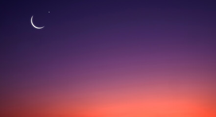 Crescent Moon and Star on horizontal Twilight Sky background with beautiful orange sunlight on dark...