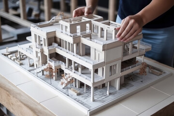 Close up of an architect or engineer making a model house. Generative ai