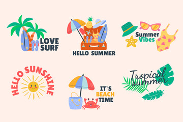 Summer set of doodle badge label design with lettering