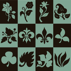 Set of twelve vintage decorations for graphic design.