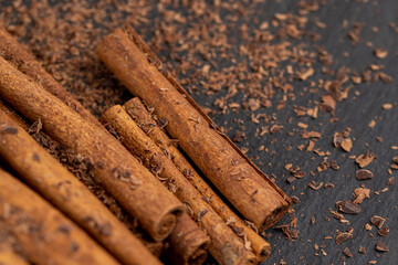 solid aromatic cinnamon on the table in chocolate