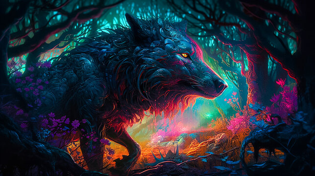 Magical Dark Fantasy - Fantasy Werewolf in the Enchanted Forest , Cursed Mythical Beast in The Wilderness Landscape. Generative AI.