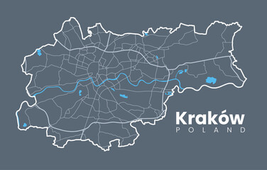 Urban Cracow map. Detailed map of Kraków (Cracovia), Poland. City poster with streets and Wisła (Vistula) River. Light stroke version on dark background. - obrazy, fototapety, plakaty