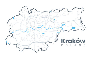 Urban Cracow map. Detailed map of Kraków (Cracovia), Poland. City poster with streets and Wisła (Vistula) River. Light stroke version. - obrazy, fototapety, plakaty