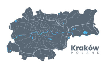 Urban Cracow map. Detailed map of Kraków (Cracovia), Poland. City poster with streets and Wisła (Vistula) River. Dark fill version. - obrazy, fototapety, plakaty