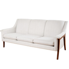 Mid-century modern white sofa. Stylish vintage couch with sculptural legs. Front view with no background.