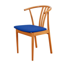 Mid-century modern minimalist wooden chair with a blue seat. 1960s wishbone-style chair. Hero view with no background. 