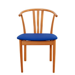 Mid-century modern minimalist wooden chair with a blue seat. 1960s wishbone-style chair. Hero view...