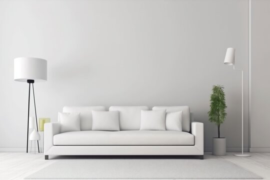 interior background decoration stylish white sofa cushion light contemporary wall simple. Generative AI.