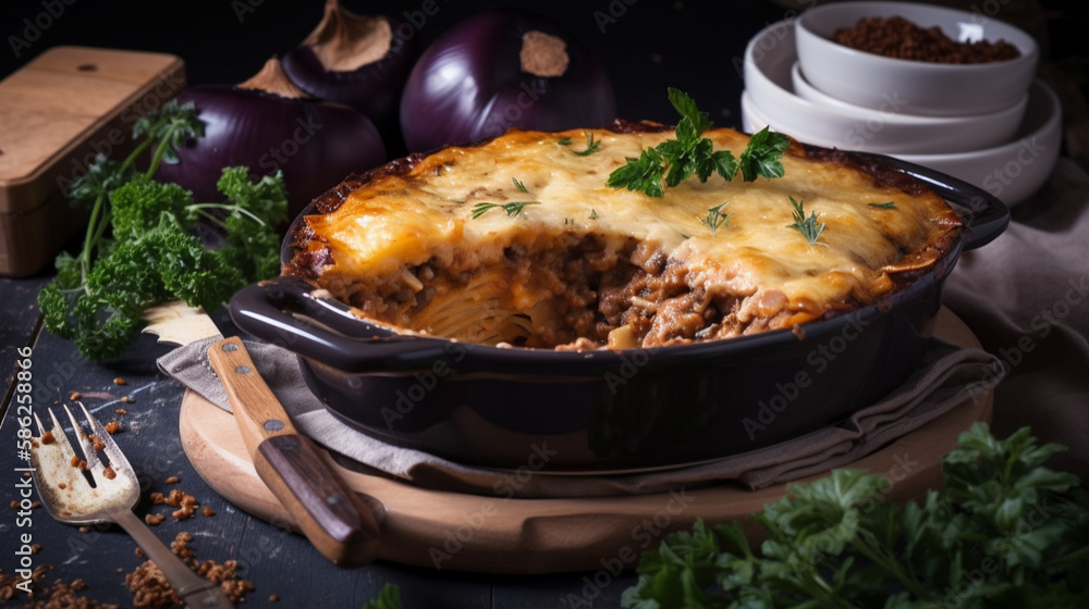 Canvas Prints aubergine moussaka with ground beef and bechamel generative ai