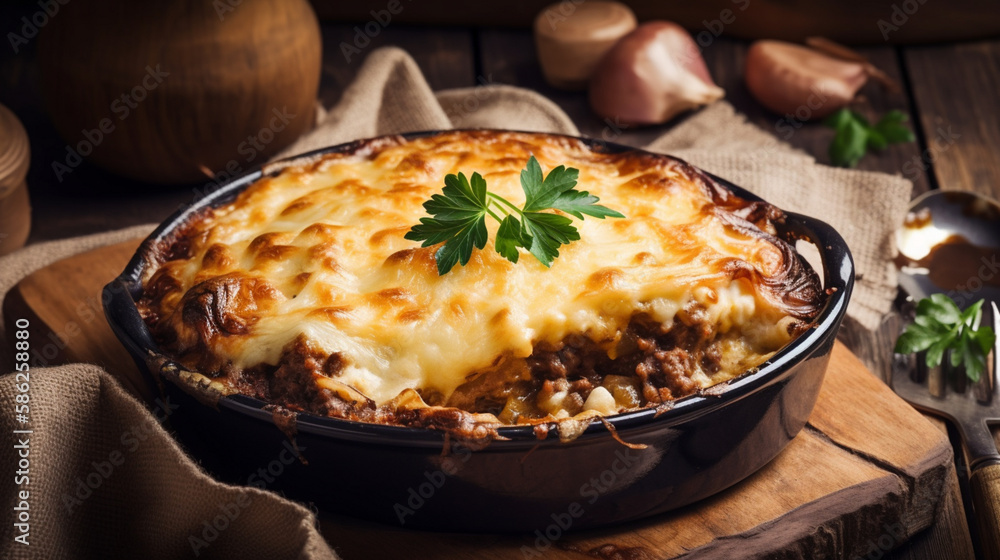 Poster aubergine moussaka with ground beef and bechamel generative ai