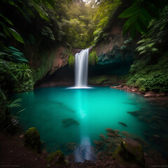 Breathtaking photograph of a powerful waterfall plunging into a crystal-clear turquoise pool, surrounded by lush rainforest, Generative AI