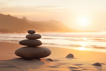 Fototapeta na wymiar Zen stones balanced on the beach with copy space. Sunrise light. Meditation and relaxation. Ai generative 
