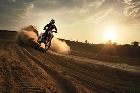 Motocross mounted motorcyclist doing a race on a dirt track. Ai generative