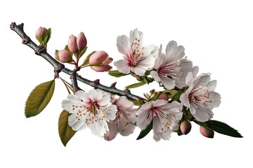 Obraz premium a spring-themed illustration featuring isolated pretty pink, and white cherry blossom flowers on a cherry tree branch, set on a transparent background and provided in PNG. Generative AI
